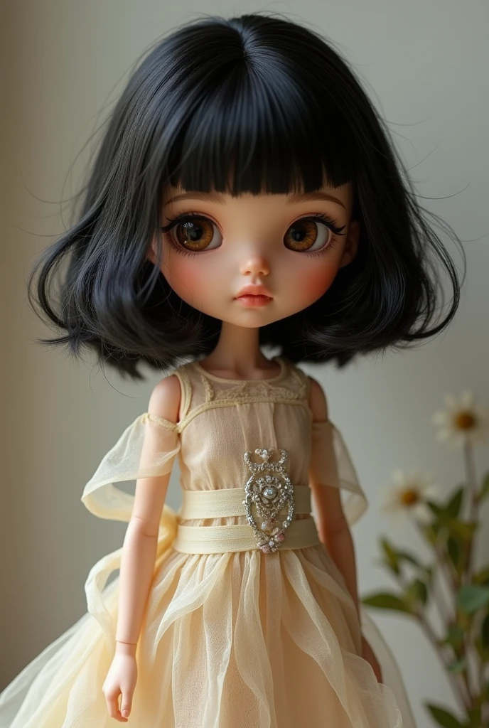Blythe doll with shoulder-length dark hair and bangs,brown skin , cachetóna, chinese eyes