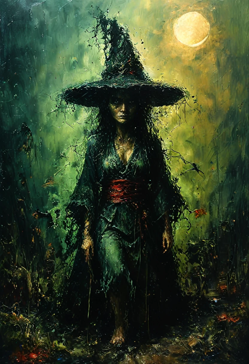 shrouded in mist, uma witch japonesa jovem usando um manto de witch misturado com kimono e um Chapéu pontudo de witch, she moves with purpose through the labyrinthine paths of the swamp, guided by intuition and instinct,,, backlight, cin3, witch, voodoo, Spell rings trending on artstation, digitalpainting, color block, clearing, Sharp lines, sharp focus, unreal motor 5, 4K, 8k