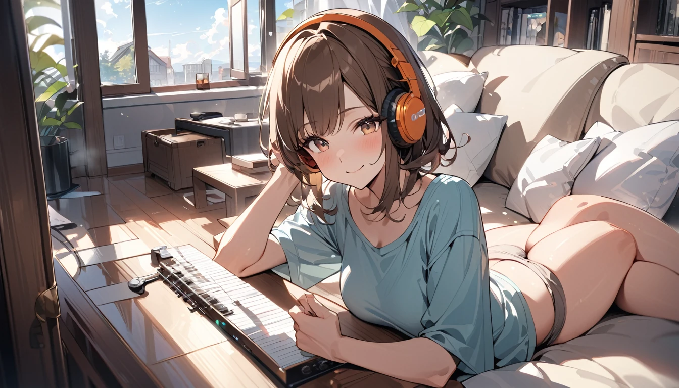 (Brown-haired girl wearing headphones), (Listening to music in the living room), (Very detailed, masterpiece, Highest quality, bright), (Anime Style)
background: brightリビングルーム
表情: Happy smiling costume: Casual home wear pose: A scene of people lying on the sofa and enjoying music: The afternoon sunlight streaming in through the window、Relaxing music
