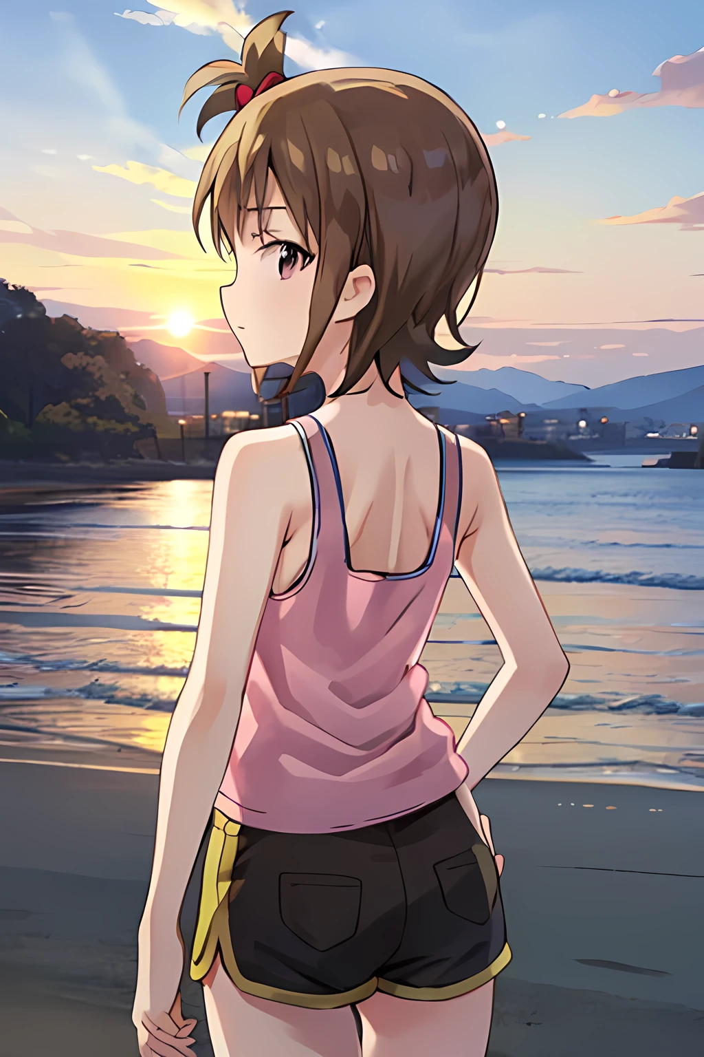 (UHD)、ami futami、sunset background、tank top、shorts、8k、back view、looking at viewer