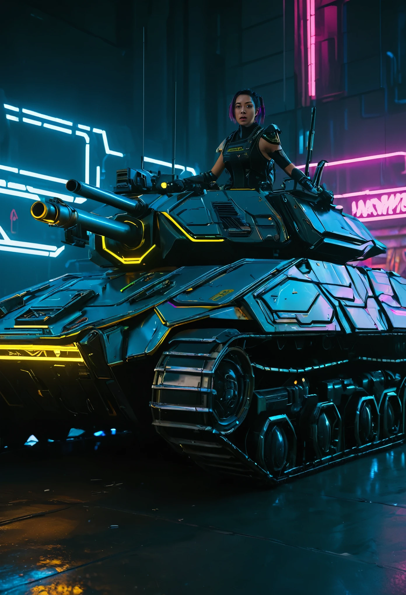 Aubrey Plaza, detailed cyberpunk armored scifi tank, neon highlights and trim, oversized scifi weapon, lead tank for MMO group, cyber Tokyo, hyper realistic, cinematic lighting, 8K, high resolution, masterpiece, dramatic pose, intense expression, dynamic action, vibrant colors, futuristic, intricate details, photorealistic
