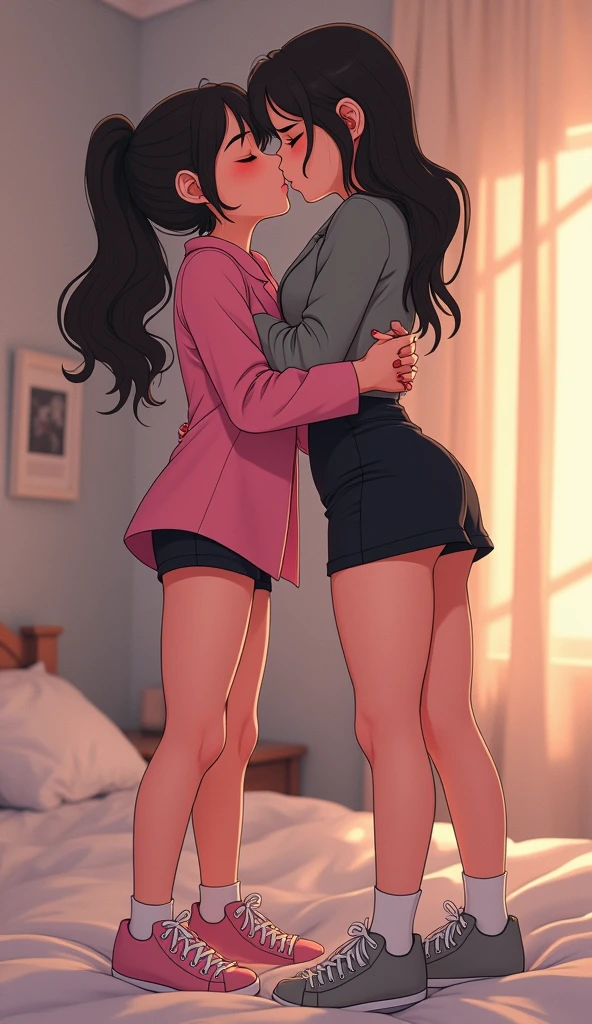 Two girls, yuri, (The first girl wear a pink suit, bkack pencil skirt, black underpants, white socks, pink sneakers), (The second girl wore a grey suit, black pencil skirt, black underpants, white socks, grey sneakers), french kiss, lesbian kiss, hugging, the second girl used her hand pull up the black pencil skirt of the first girl, sensual body, bedroom ,closed eyes, novel cartoon, 4K, HD