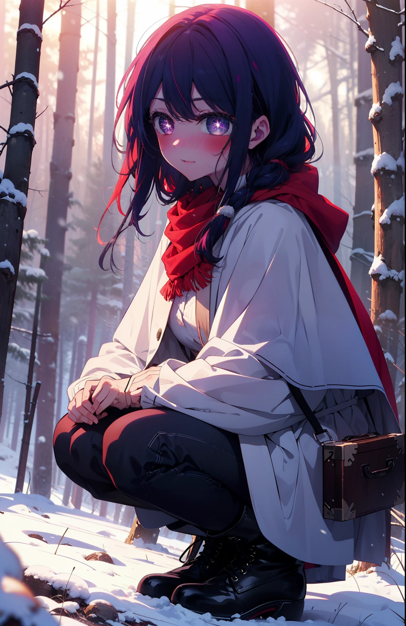 aihoshino, Ai Hoshino, Long Hair, bangs, (Purple eyes:1.1), Purple Hair, (Symbol-shaped pupil:1.5), smile,,smile,blush,white breath,
Open your mouth,snow,Ground bonfire, Outdoor, boots, snowing, From the side, wood, suitcase, Cape, Blurred, , forest, White handbag, nature, Squat, Mouth closed, Cape, winter, Written boundary depth, Black shoes, red Cape break looking at viewer, Upper Body, whole body, break Outdoor, forest, nature, break (masterpiece:1.2), Highest quality, High resolution, unity 8k wallpaper, (shape:0.8), (Beautiful and beautiful eyes:1.6), Highly detailed face, Perfect lighting, Highly detailed CG, (Perfect hands, Perfect Anatomy),