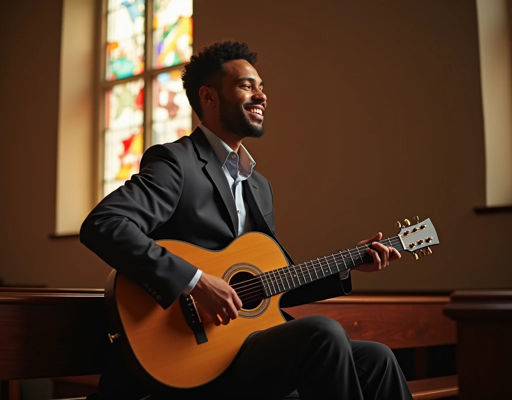 Create a photo of a smiling guitarist playing in church
