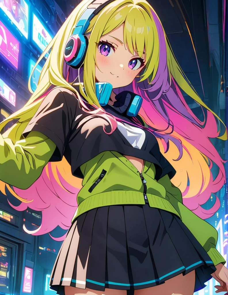 (anime artwork, anime style, studio anime, very detailed, up to date, vibrant, Anime Coloring, high contrast, masterpiece:1.2, best quality, best aesthetics),1 girl,cyber punk clothes, Medium chest, A glimpse of thighs,cyber punk hair, One eye is hidden by the bangs, perfect proportions, high detail skin, Cute, detailed faces, cutout between underboob and shirt,very short pleated miniskirt,makeup, smart phone, head phone wear around the neck,