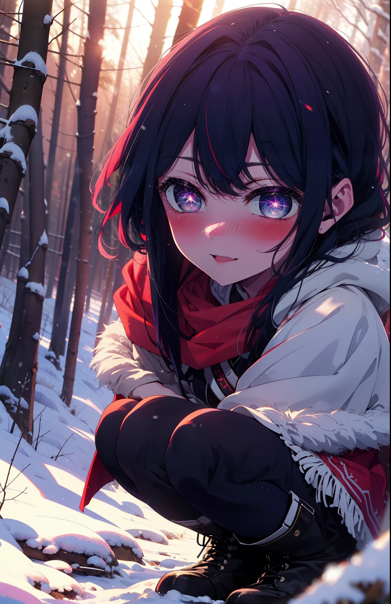 aihoshino, Ai Hoshino, Long Hair, bangs, (Purple eyes:1.1), Purple Hair, (Symbol-shaped pupil:1.5), smile,,smile,blush,white breath,
Open your mouth,snow,Ground bonfire, Outdoor, boots, snowing, From the side, wood, suitcase, Cape, Blurred, , forest, White handbag, nature, Squat, Mouth closed, Cape, winter, Written boundary depth, Black shoes, red Cape break looking at viewer, Upper Body, whole body, break Outdoor, forest, nature, break (masterpiece:1.2), Highest quality, High resolution, unity 8k wallpaper, (shape:0.8), (Beautiful and beautiful eyes:1.6), Highly detailed face, Perfect lighting, Highly detailed CG, (Perfect hands, Perfect Anatomy),