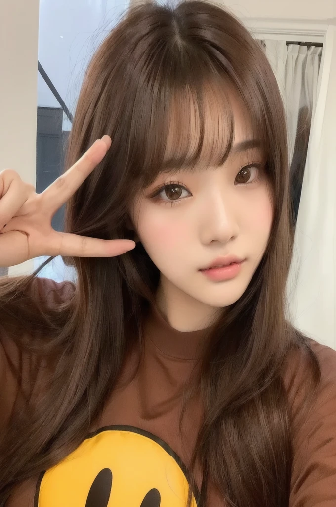 Woman with long brown hair and a shirt with a smiley face, ulzzang, lalisa manobal, Jinyoung Shin, with bangs, neat hair with bangs, Jaeyeon Nam, brown bangs, the hime cut, Sun Yunjoo, brown hair and bangs, parque me, curtain bangs, fluffy bangs, Kim Doyoung, brown hair with bangs