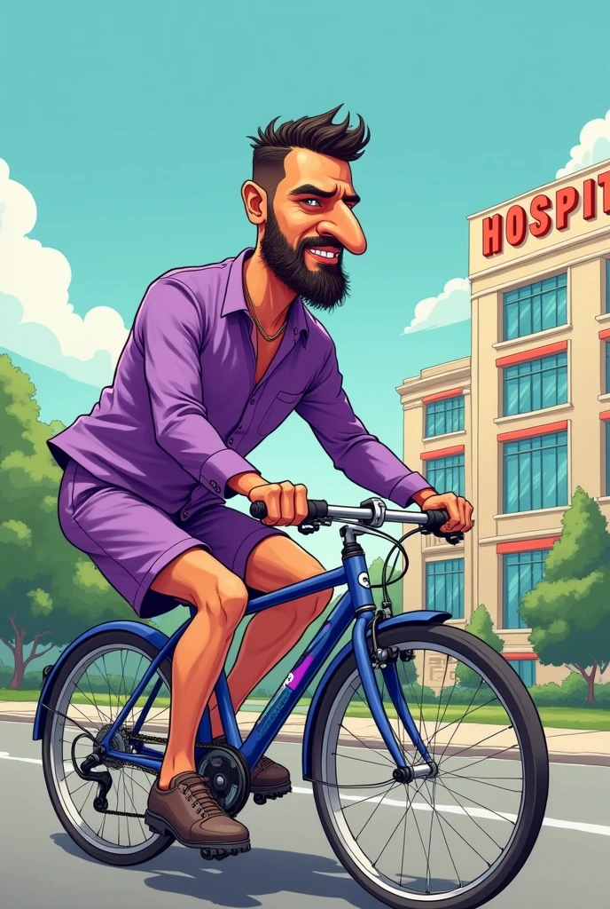 Cartoon Drawing, man with elongated face, sem beard, long chin, Arab nose and shaved hair, with purple blouse and shorts, riding a bike in front of a hospital