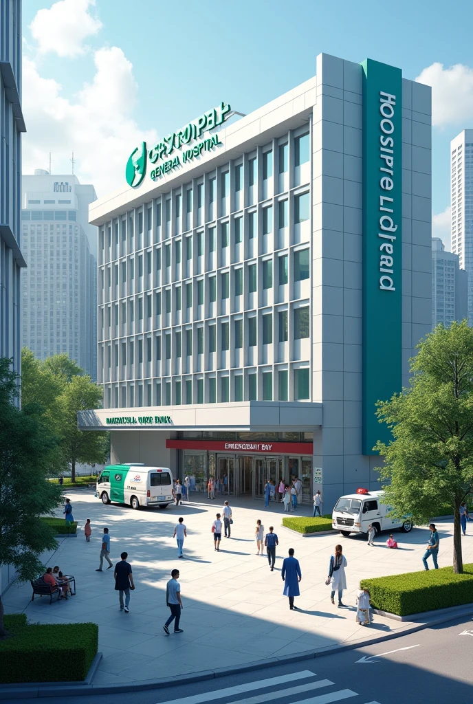 A hospital in with the logo POM General Hospital