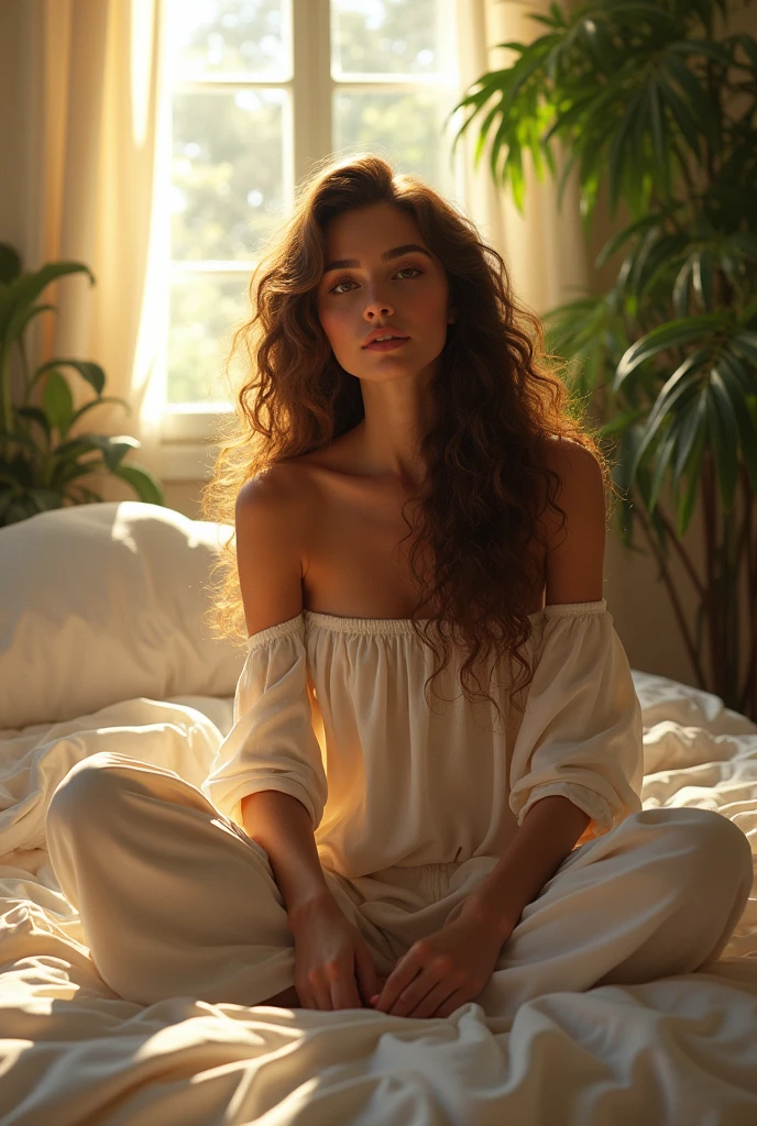 (photorealism:1.2), beautiful woman, sitting on bed, wearing loose off-shoulder top, pajama pants, long curly hair, indoors, soft lighting, plants in background, window with sunlight, cozy room, relaxed pose, realistic, intricate details, warm colors, by Greg Rutkowski, by Alphonse Mucha