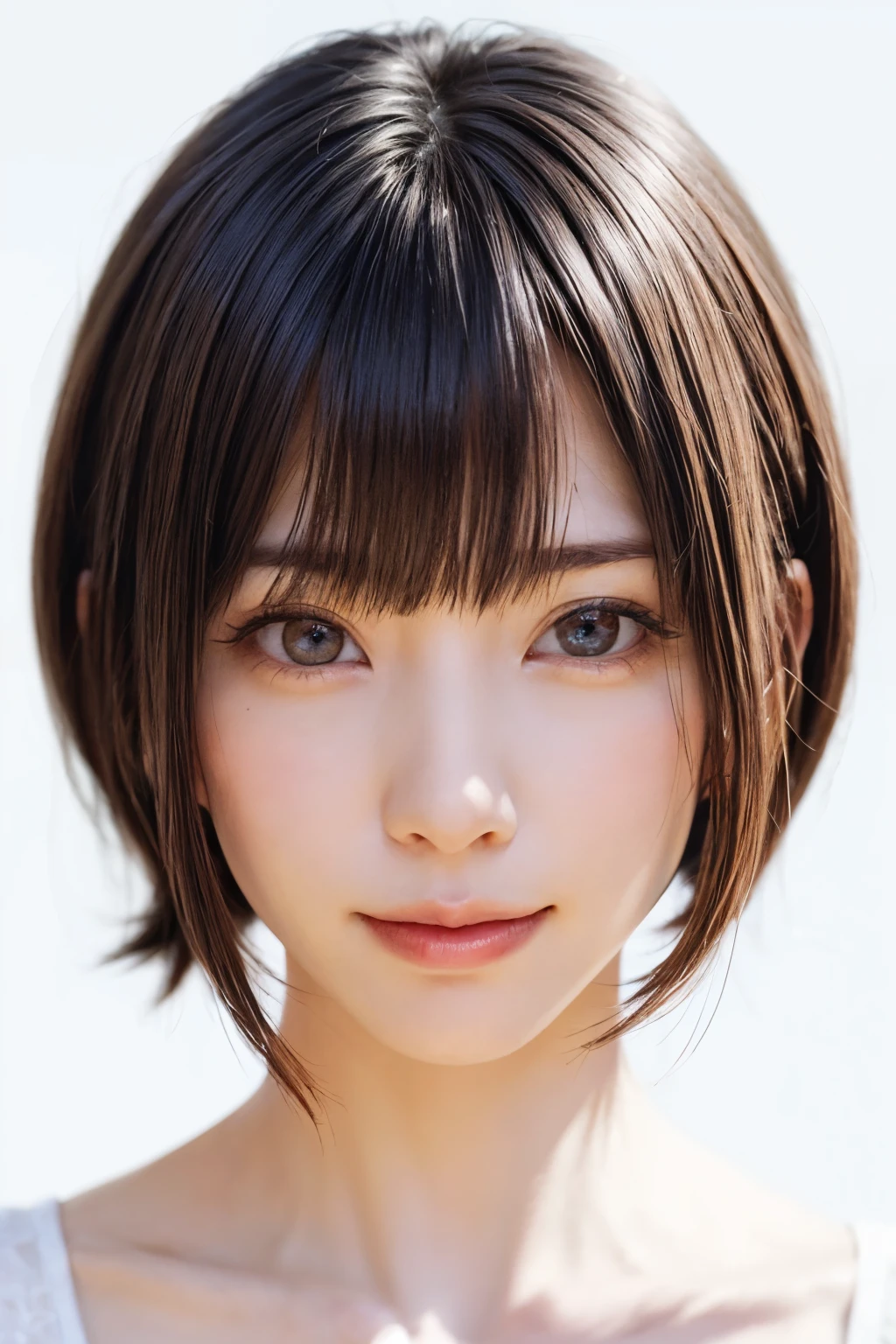 ((masterpiece, Highest quality, High resolution、Realisticですべてが美しく詳細に描かれている)), 1 girl, (Realistic: 1.4), alone, White Background, snow-White Background, Mouth closed, smile, smile, Beautiful black hair, short hair, Big eyes, Transparent double eyelids, eyelash, Listen carefully, Long neck, 美しくLong neck, Absolute area, ((Face close-up)), (Draw the whole head, shoulder), 19 years old, Attractive proportions, Glowing Skin, Beautiful clavicle, Golden ratio face, Perfect Face, Teardrop-shaped mole, chestのほくろ, bangs, clean bangs, beautiful bangs, Lip gloss, Thin lips, Fair skin, naked, Big Breasts, {Huge|big|Hugeな|Mega} chest:2, chestの谷間:2,chestの谷間を見せる、Small face, Small face, All the heads are painted, shoulder all drawn, Point slightly above the camera