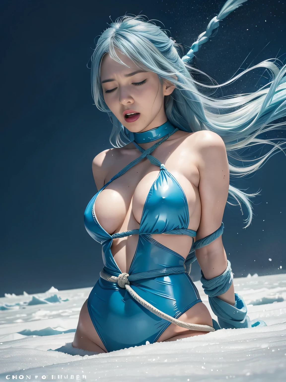 superheroine, long long gorgeous light blue hair, ((rough rope wrapped around body, tighten up)), latex, leotard, blue and white costume, captured, shibari, static restrained, ((arms behind back)), chained, rope bind, collared, cuffed, cruelly, painful, helpless, humiliating, slavely, regrettable, (being whipped),  , screaming in pain, eyes closed, (being cold  ), lying face down, hair swaying in storm, (inarctic, frozen wind swirling), bondage