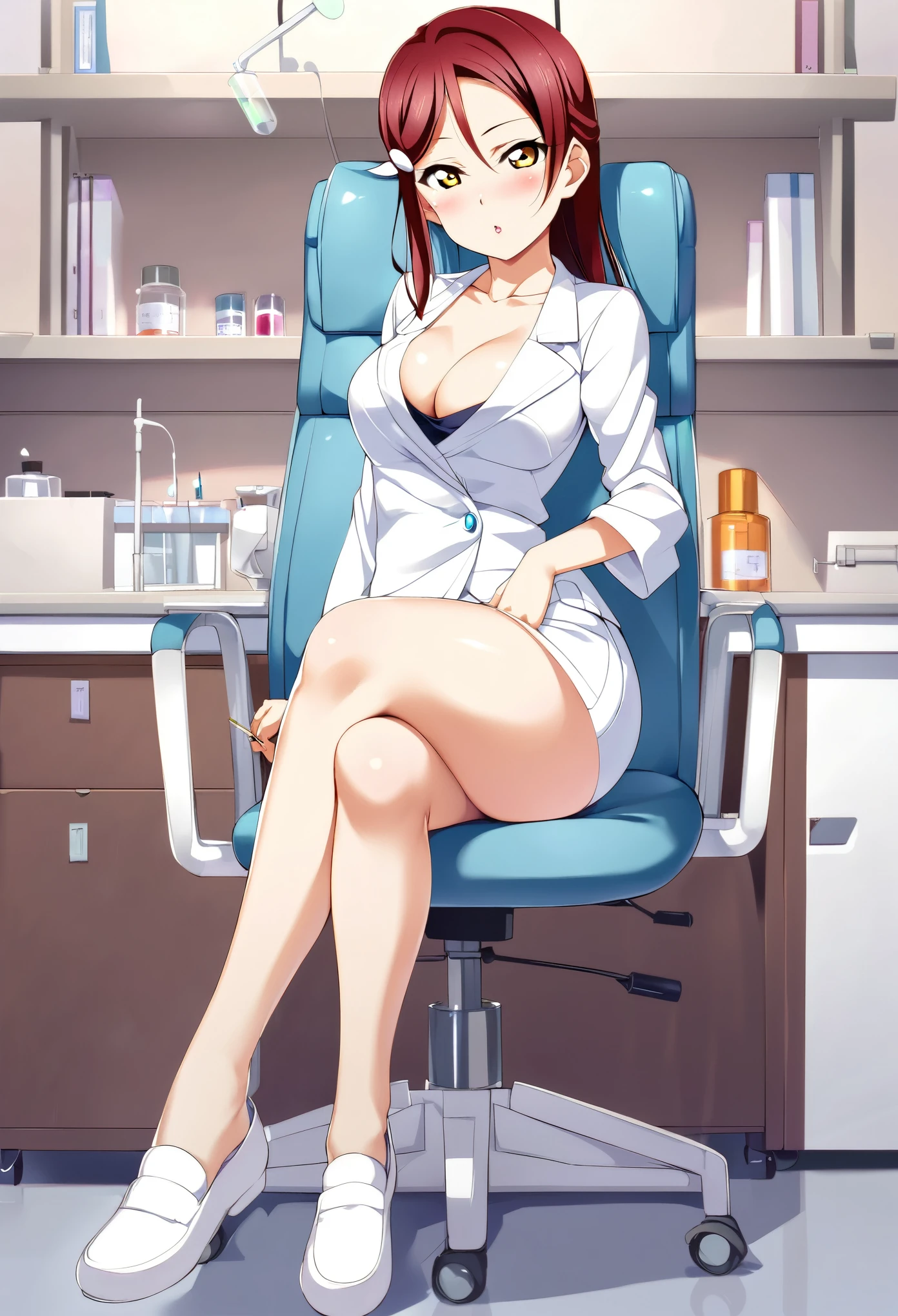 Hentai anime, hentai artist,solo,love live,highres,yellow eyes , sakurauchi riko love live, blush,cleavage ,collarbone ,doctor ,infirmary ,lab coat , pencil skirt , (lipstick:0.7), sitting on chair, crossed legs, thighs ,head tilt,full body 