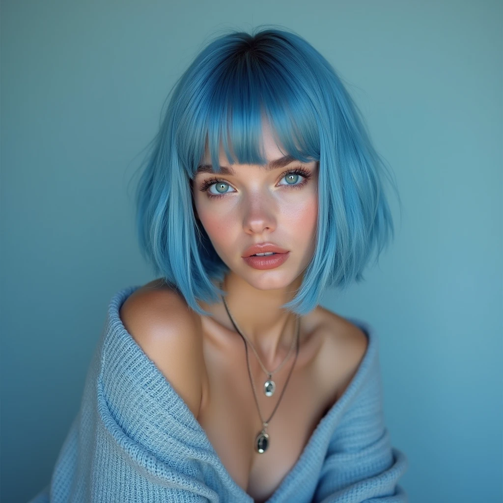 (Best quality, 8k, 32k, Masterpiece, UHD:1.2),Photo of Pretty 18 teen american woman, large breasts, very short bob hair,upper body,face focus,(oversized_sweater,:1.1) necklace, background, looking at viewer, leaning forward, (((blue hair with sliver bangs))), (((vibrant light blue eyes))) (((award winning detail)) ((avatar makeup and popstar clothes)))