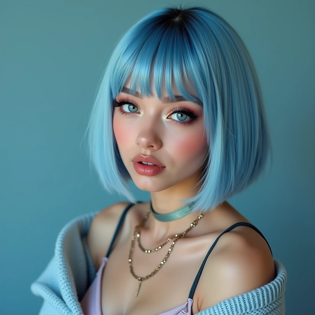 (Best quality, 8k, 32k, Masterpiece, UHD:1.2),Photo of Pretty 18 american woman, large breasts, very short bob hair,upper body,face focus,(oversized_sweater,:1.1) necklace, background, looking at viewer, leaning forward, (((blue hair with sliver bangs))), (((vibrant light blue eyes))) (((award winning detail)) ((avatar makeup and popstar clothes)))