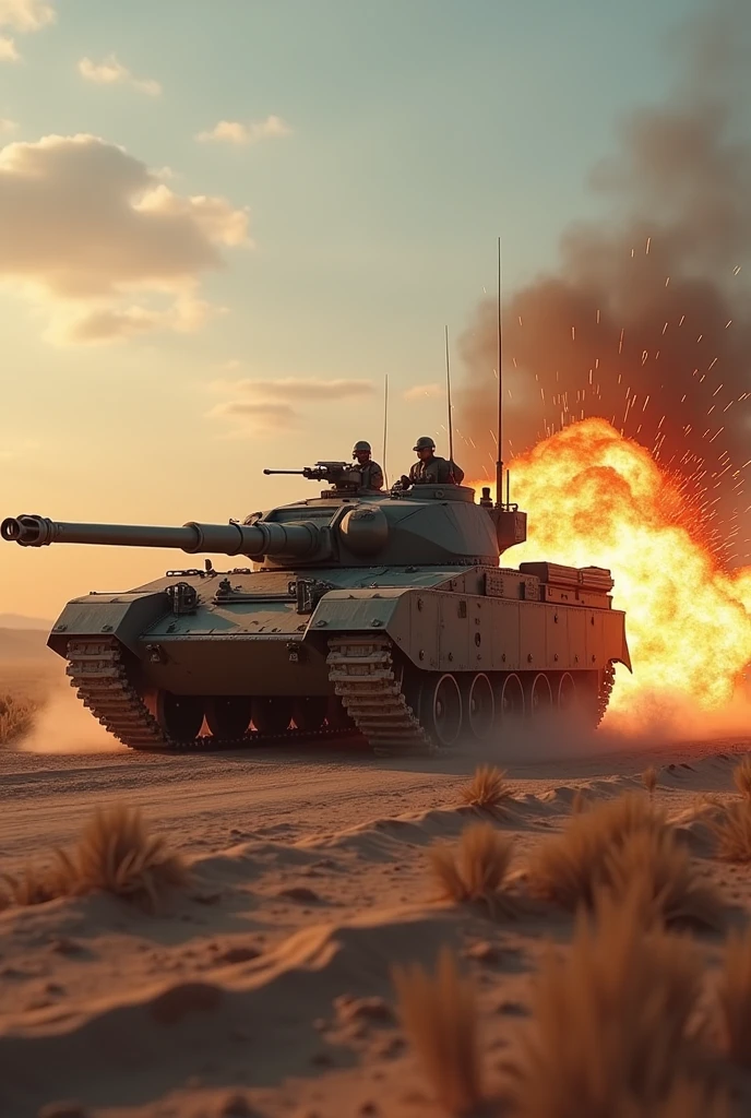 Armored Tank racing across the wasteland, firing, sparks, smoke, explosions,