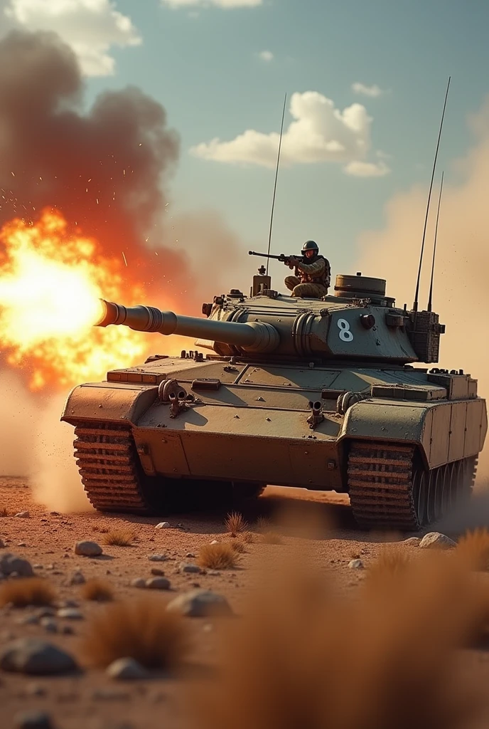 Armored Tank racing across the wasteland, firing, sparks, smoke, explosions,