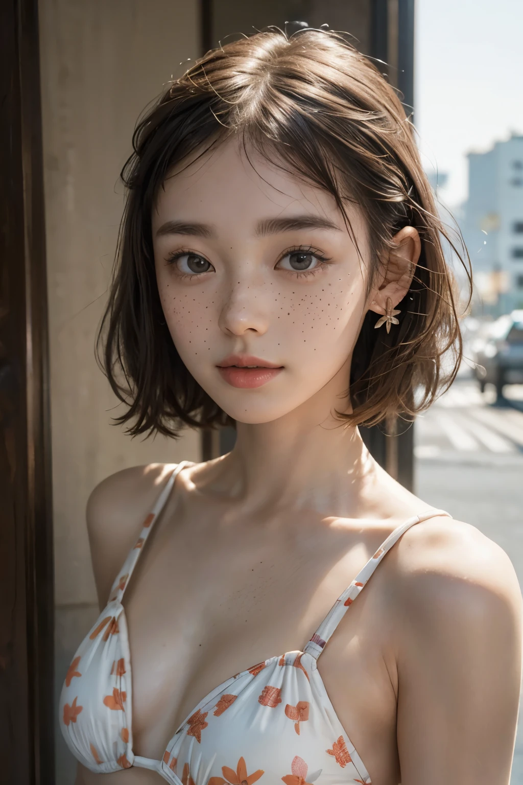 Highest quality ,8k.masterpiece,Ultra-high resolution,(Photorealistic:1.4), 1 girl, View your viewers,Very fine grain definition、 japanese famous actress, very beautiful,cute, Cinematic, 135mm lens, f/ 1. 8, Sun light,Natural Light,Color temperature 3000K,8k, In downtown Japan, Pause、、(Smaller School Swimwear:1.2)、Parting your bangs、Short Bob、Flower Hairpin、Small earrings in the ears、(No thinning:1.8)、(Light freckles:1.3)、pores、(Front-light strobe:1,2)、Daytime Synchronization、