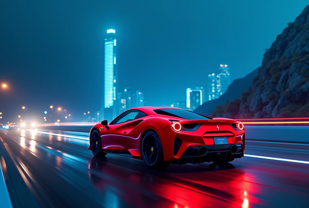 (best quality, 8ก, Masterpiece :1.2), Too realistic, cyberpunk, At the mountain, Ferrari 488 red details, When accelerating, (Facing the audience), The blue skyscraper is in the background., at night,