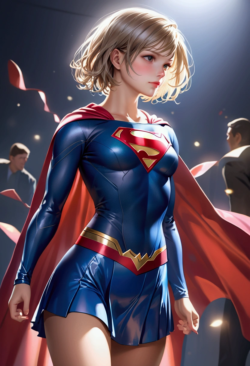best quality, realistic, photorealistic, award-winning illustration, (intricate details: 1.2), (delicate detail), (intricate details), (cinematic light, Supergirl with extremely sexy short hair