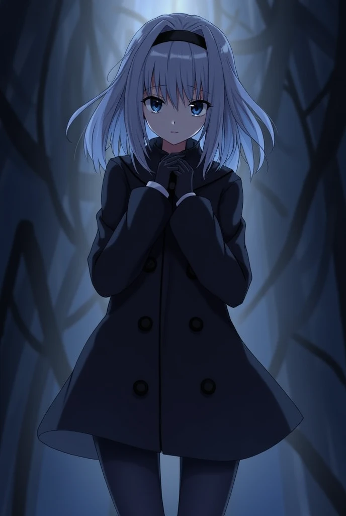 ((Touhou Project)),((masterpiece)),((Highest quality)),((Alluring)),((alone)),((Dark blue pupils)),((Beautiful shining eyes)),((Wearing a black overcoat)),((Wearing a black mini skirt,She wears long black tights under her skirt))((Black pants are visible)),((long messy hair)),((A slim body)),((Black headband)),(((My hair reaches down to my knees))),(Eyes are hidden by bangs),((I can see my eyes through my hair)),((Wearing black gloves)),(Tempting),((Cold expression)),(Walking in a world of darkness),