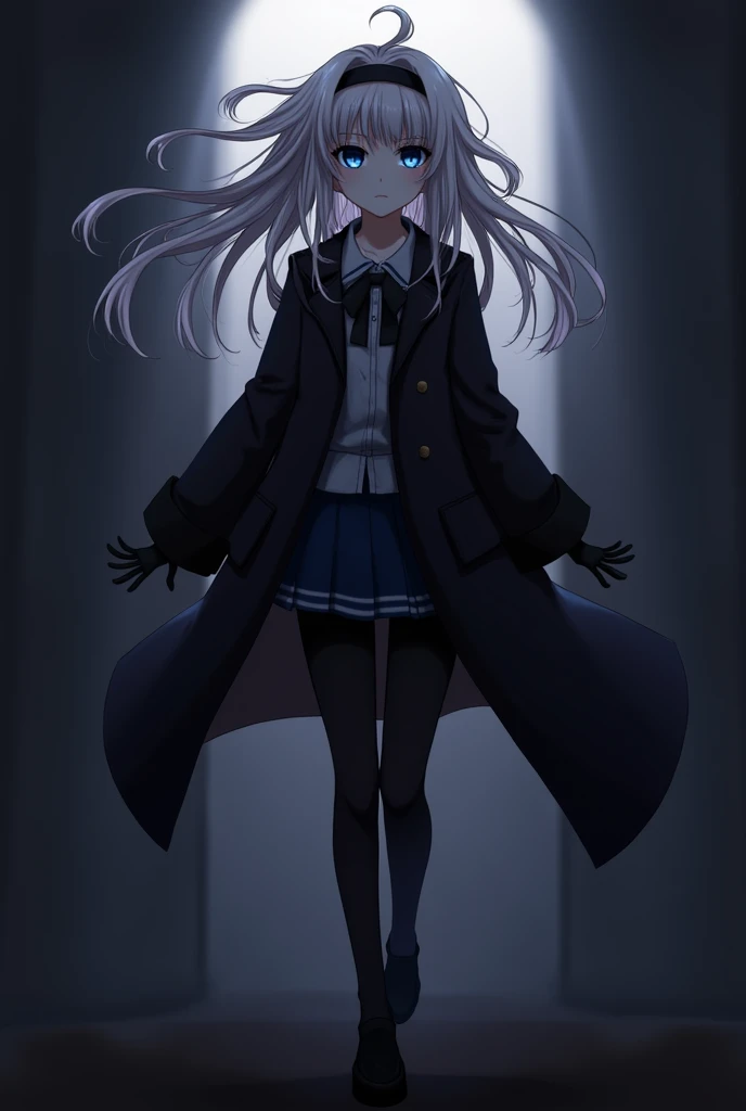 ((Touhou Project)),((masterpiece)),((Highest quality)),((Alluring)),((alone)),((Dark blue pupils)),((Beautiful shining eyes)),((Wearing a black overcoat)),((Wearing a black mini skirt,She wears long black tights under her skirt))((Black pants are visible)),((long messy hair)),((A slim body)),((Black headband)),(((My hair reaches down to my knees))),(Eyes are hidden by bangs),((I can see my eyes through my hair)),((Wearing black gloves)),(Tempting),((Cold expression)),(Walking in a world of darkness),