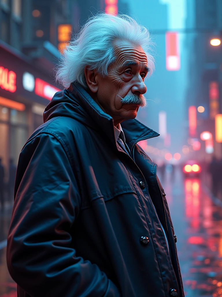 Matwell Technology  , Science fiction, Cyberpunk, Pixelation,  Malware glitches,  damn ,  Albert Einstein, Scientist coat,Ultra HD,chest circumference,Future horizon in the background, Many ideas came out of my mind