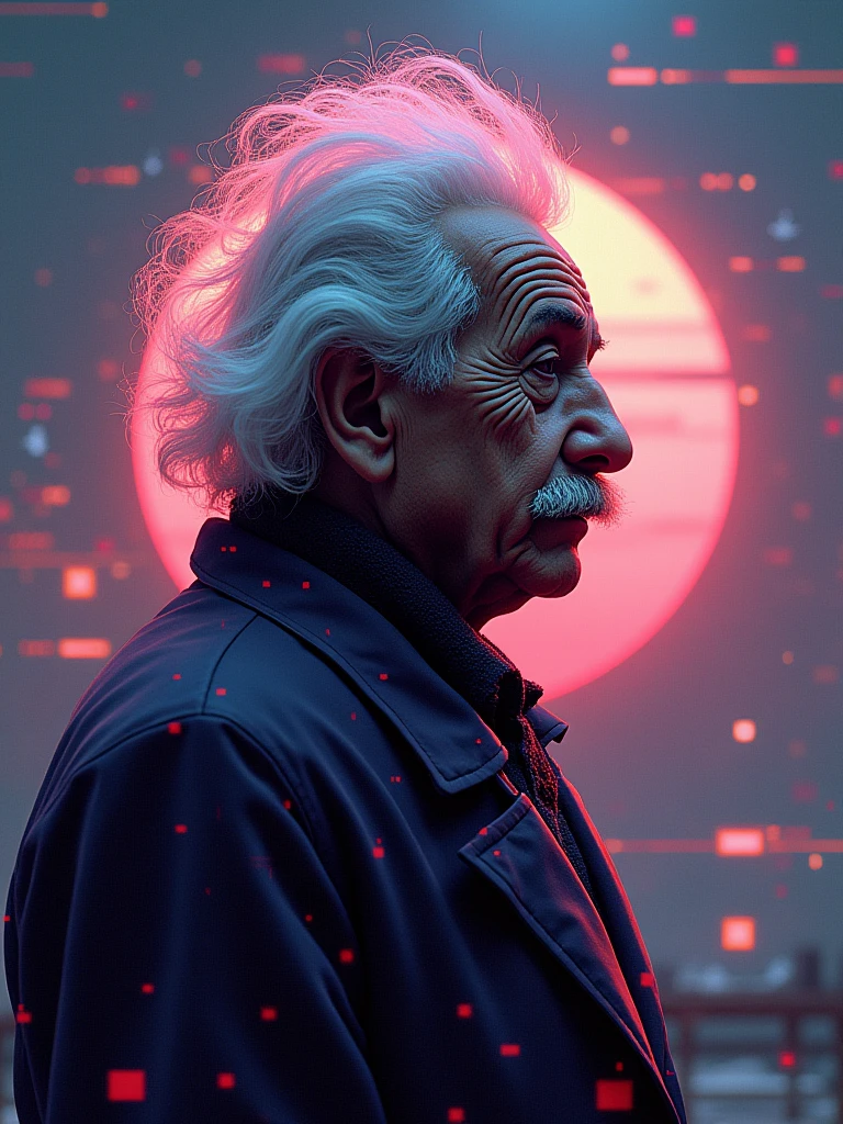 Matwell Technology , Science fiction, Cyberpunk, Pixelation, Malware glitches, damn , Albert Einstein, Scientist coat,Ultra HD,chest circumference,Future horizon in the background, Many ideas came out of my mind