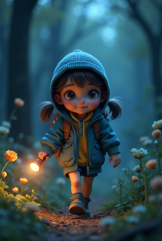 size：1242x2688 pixels，A very cute girl，Wearing a blue flight jacket，Carrying a bucket all over his body，Running in the forest at night with a flashlight in hand，Mysterious Adventure，Flowers，plant，firefly，Intricate details，popmart blind box，Clay Materials，Pixar Trends，3D Art，C4D，Octane Rendering，Animation Lighting，Crepuscular Ray，uplight， Ultra HD 4k，webp