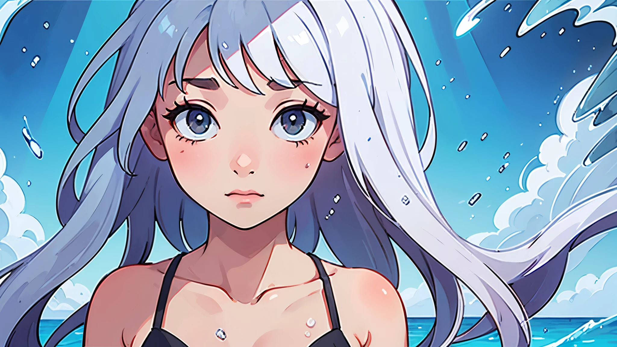 a woman,Underwater,Ultra-small transparent ultra-micro string bikini made of ultra-thin transparent tulle that allows you to see through the skin,In the ocean,an extremely delicate and beautiful,swim,Light shines through,watercolor painting,close-up of a face,The girl's expression is calm and inviting, as she looks upwards, enjoying the warmth of the sun.