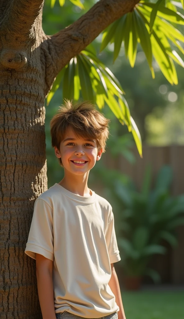 (photorealism:1.2), Justin Bieber, 8, standing next to a large mango tree, smiling, casual clothing, sunny day, backyard setting, realistic style.