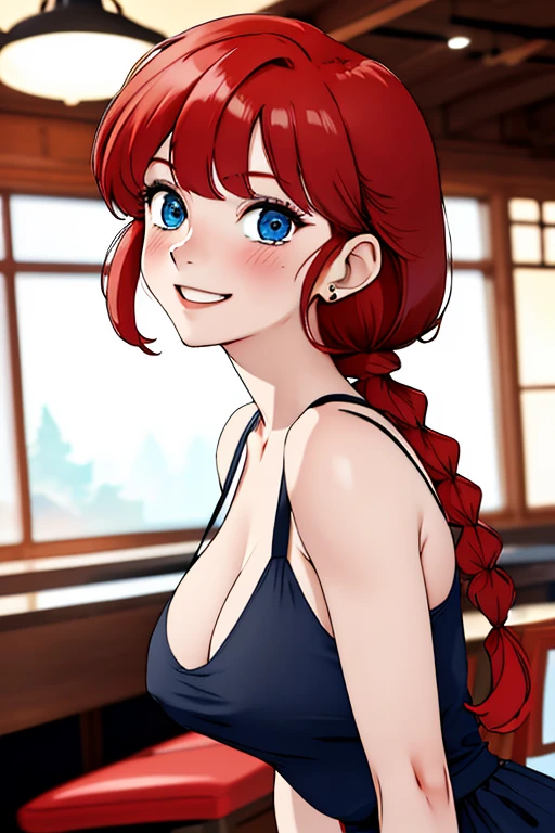 (8k, RAW photo, best quality, masterpiece:1.2),  indoor,  RanmaChan, red hair, blue eyes, black dress, big breasts, restuarant background, smile, blush