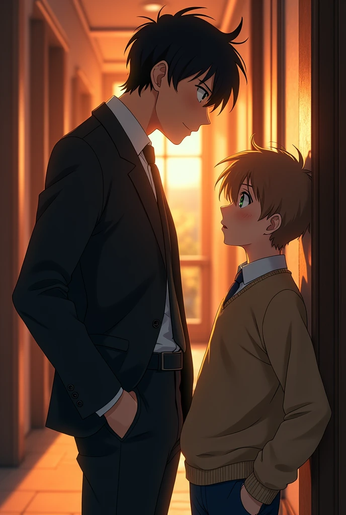 Anime style boy with black hair and green eyes with a rude expression and a frown, wearing an elegant suit with a black tie cornering against the wall a boy shorter than him with brown hair and blue eyes with a light brown sweater, a white shirt underneath and dark blue pants, with a frightened expression and her cheeks flushed, in one of the corridors with the sunset behind illuminating them.