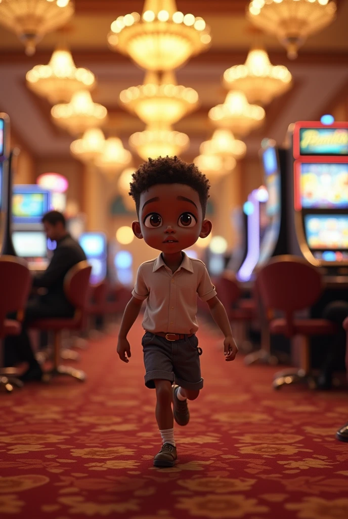 Dark-skinned boy with brown eyes and slim body playing in the casino