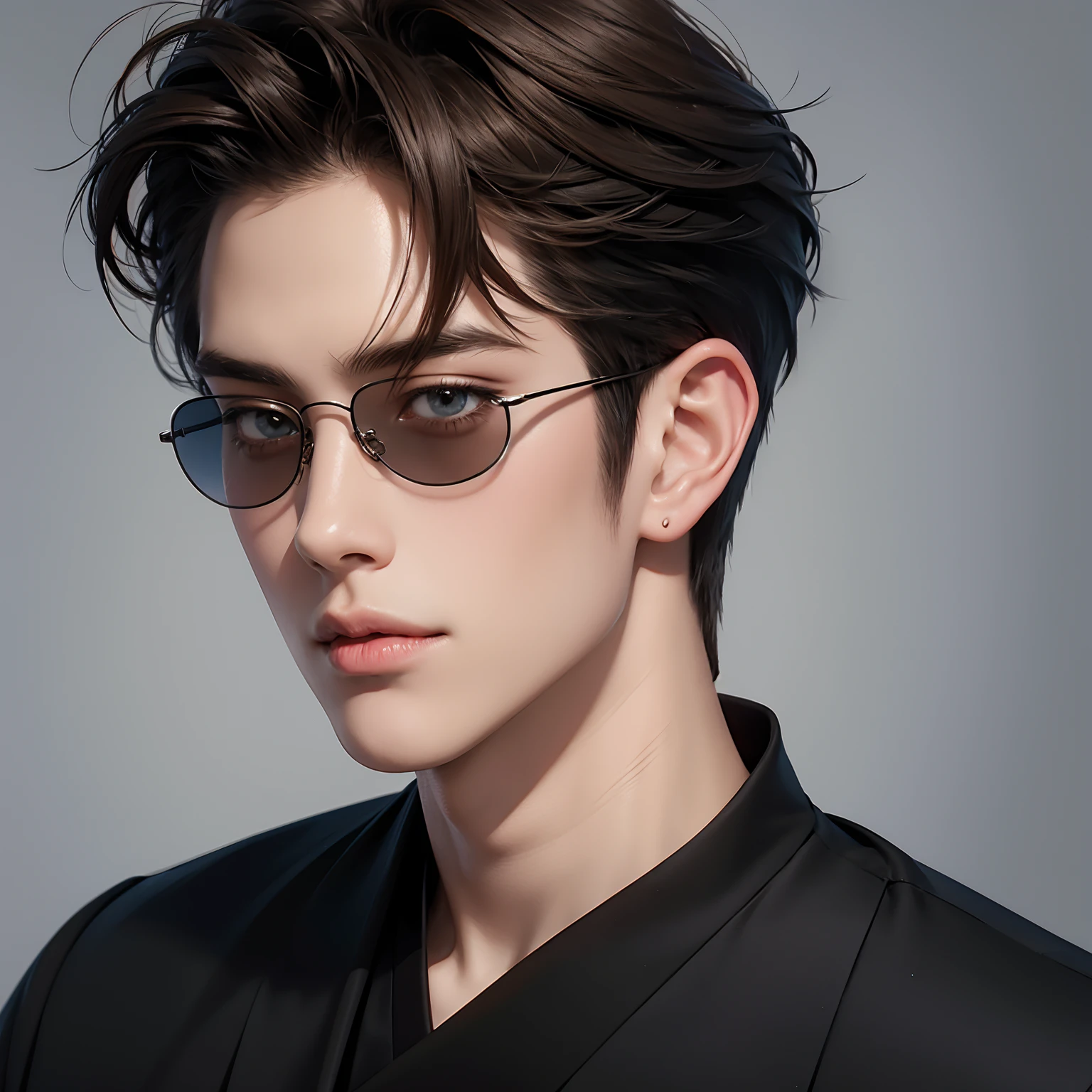 One man Japanese men No background Fashionable clothes Detailed face and skin An illustration Visible blue sunglasses Brown Hair
