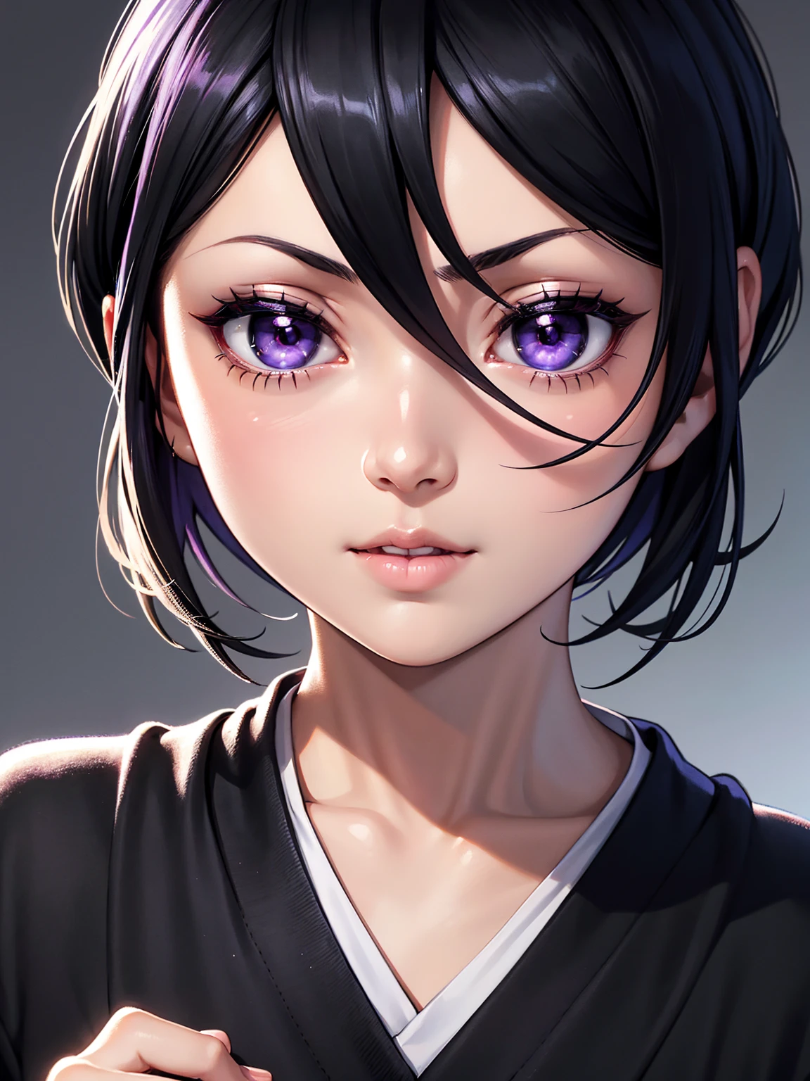 Well done work highly detailed with high resolution, sharp lines and colors, perfect lighting, face detailed, detailed hair, eye detailed, detailed nose, detailed lips. a beautiful girl with short black hair, purple eyes and a short smile, Rukia Kuchiki.
