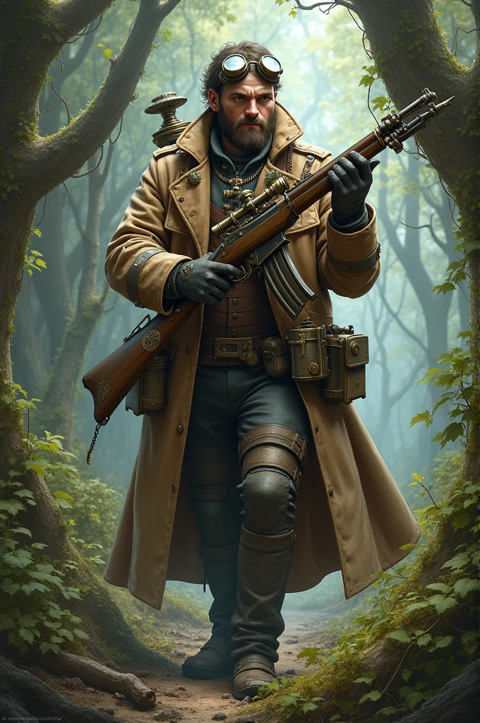 steampunk,warrior,Rifle bayonet,Tree equipment long coat
