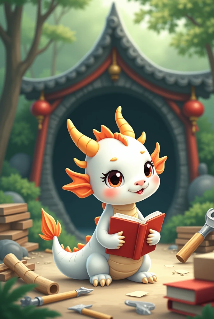 White dragon holding book,Love to learn expression,cute style,Chinese style,Background forest,cover cave,The building is half covered,Building materials spilled,Background building materials on the ground,Lots of them,above ground construction tools
