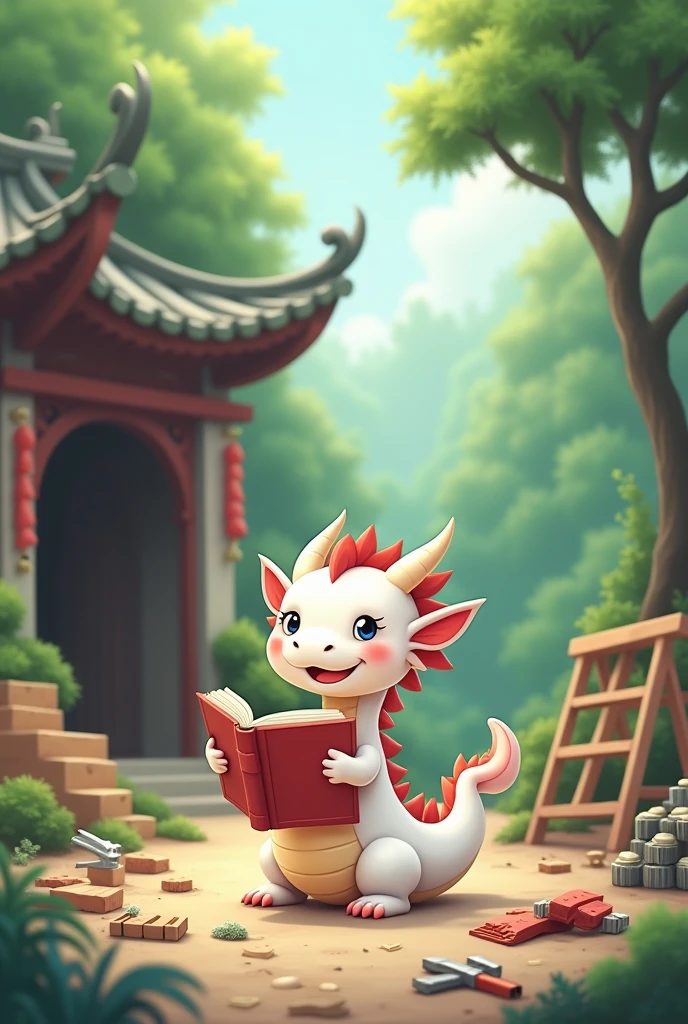 White dragon holding book,Love to learn expression,cute style,Chinese style,Background forest,cover cave,The building is half covered,Building materials spilled,Background building materials on the ground,Lots of them,above ground construction tools