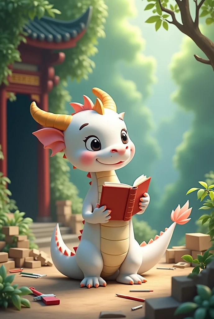 White dragon holding book,Love to learn expression,cute style,Chinese style,Background forest,cover cave,The building is half covered,Building materials spilled,Background building materials on the ground,Lots of them,above ground construction tools
