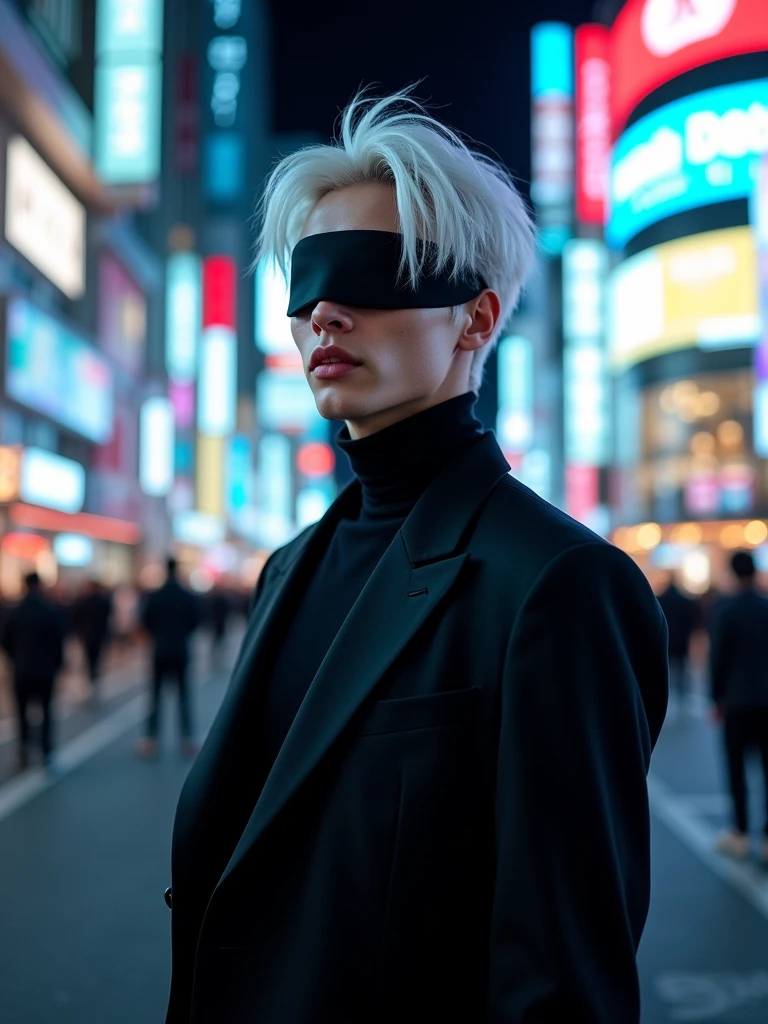 ((masterpiece, 8K, best quality, high resolution:1.3)), (a tall and slender man:1.2), (he has a very delicate face:1.2), (his hair is completely white, slightly messy, and falls over his forehead:1.2), (his eyes are covered by a black blindfold:1.2), (he is wearing a black outfit consisting of a black t-shirt and matching pants, giving him an elegant and imposing appearance:1.2), (his style is confident and casual, reflecting his charismatic and powerful personality:1.2), (he is smiling:1.2), (he is in Shibuya at night:1.2), (the background features the bustling streets of Shibuya with neon lights and crowded intersections:1.2), (the scene is illuminated with vibrant, colorful lights from the city:1.2), (his pose is relaxed yet confident, showcasing his natural charisma:1.2), (Canon EOS 5DS R camera, perfect for capturing the detail and beauty of the scene:1.2), (paired with the Canon EF 85mm f/1.4L IS USM lens:1.2), (the composition showcases the contrast between his elegant attire and the dynamic city backdrop:1.2), (a moment frozen in time, capturing the essence of urban style and confidence:1.3), (ultra photorealistic, highlighting his features and the vibrant city setting:1.3), (an image that transports viewers to a captivating and energetic moment:1.2), (a scene that exemplifies the beauty of individuality in a modern, urban context:1.2)