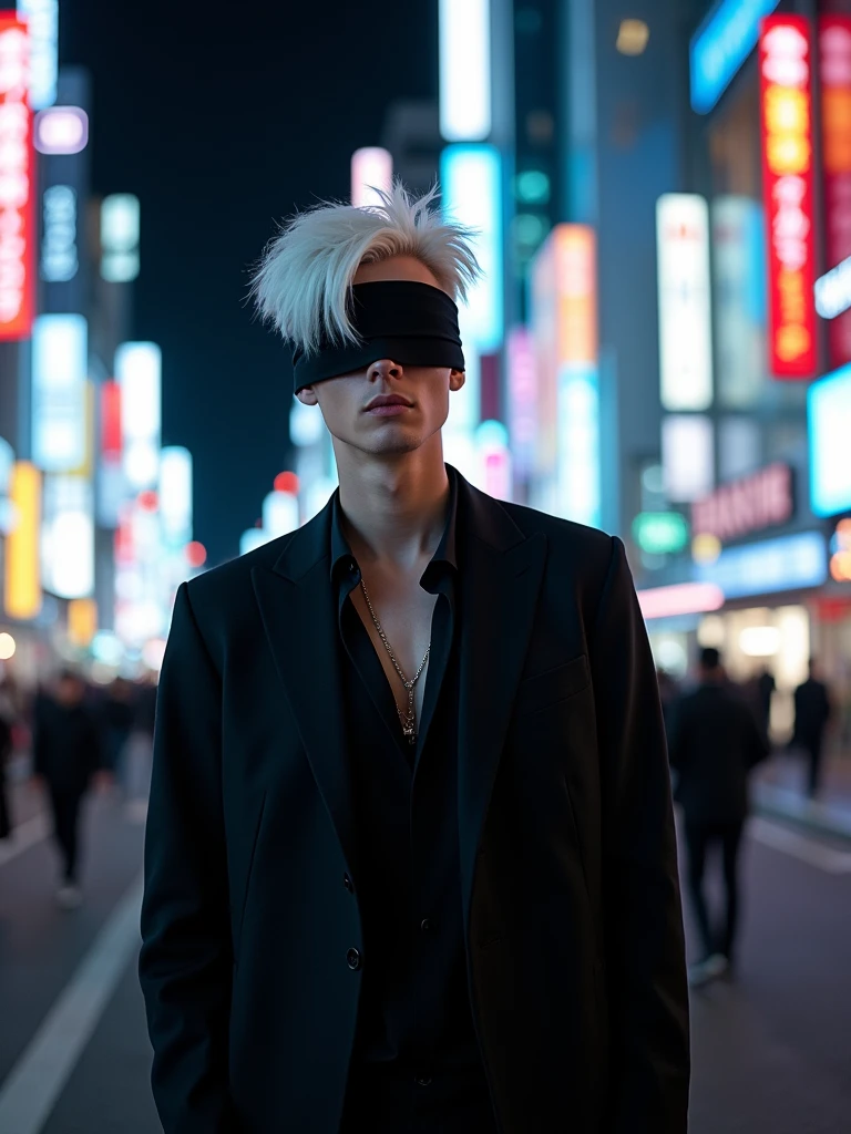 ((masterpiece, 8K, best quality, high resolution:1.3)), (a tall and slender man:1.2), (he has a very delicate face:1.2), (his hair is completely white, slightly messy, and falls over his forehead:1.2), (his eyes are covered by a black blindfold:1.2), (he is wearing a black outfit consisting of a black t-shirt and matching pants, giving him an elegant and imposing appearance:1.2), (his style is confident and casual, reflecting his charismatic and powerful personality:1.2), (he is smiling:1.2), (he is in Shibuya at night:1.2), (the background features the bustling streets of Shibuya with neon lights and crowded intersections:1.2), (the scene is illuminated with vibrant, colorful lights from the city:1.2), (his pose is relaxed yet confident, showcasing his natural charisma:1.2), (Canon EOS 5DS R camera, perfect for capturing the detail and beauty of the scene:1.2), (paired with the Canon EF 85mm f/1.4L IS USM lens:1.2), (the composition showcases the contrast between his elegant attire and the dynamic city backdrop:1.2), (a moment frozen in time, capturing the essence of urban style and confidence:1.3), (ultra photorealistic, highlighting his features and the vibrant city setting:1.3), (an image that transports viewers to a captivating and energetic moment:1.2), (a scene that exemplifies the beauty of individuality in a modern, urban context:1.2)