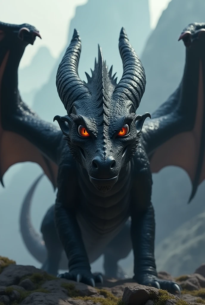 A black female dragon,With red and amber eyes