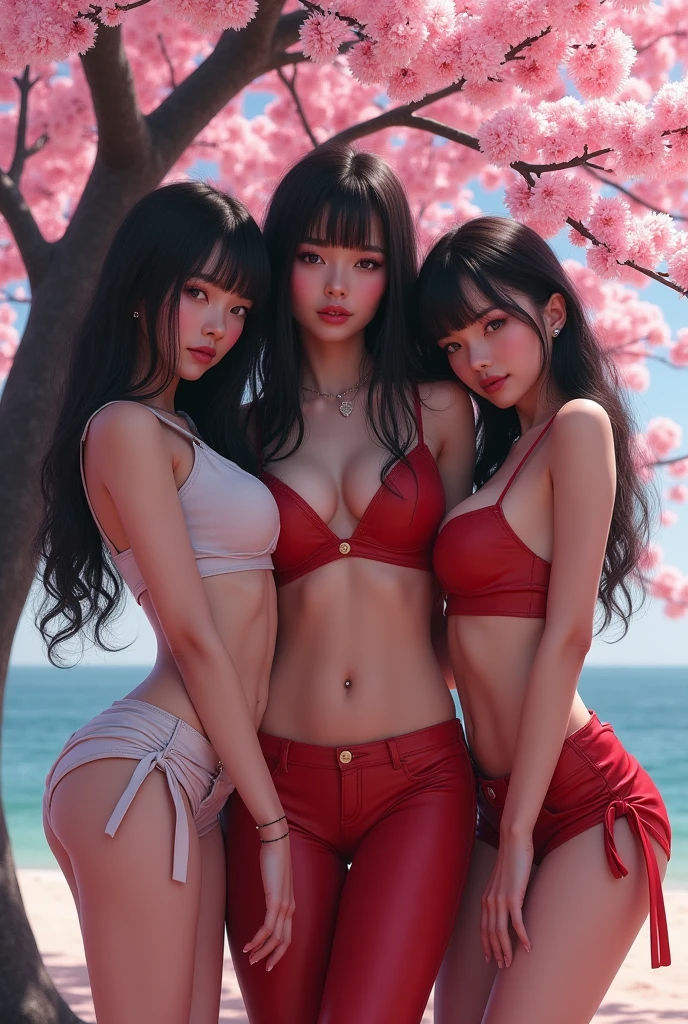 three sexy women posing in front of a cherry tree, cyberpunk art inspired by WLOP, Artstation contest winner, fantasy art, deviantart artstation cgscosiety, wlop and artgerm, commission for high res, wlop and rossdraws, as seen on artgerm, trinity, realistic fantasy illustration, realistic fantasy artwork, realistic fantasy render