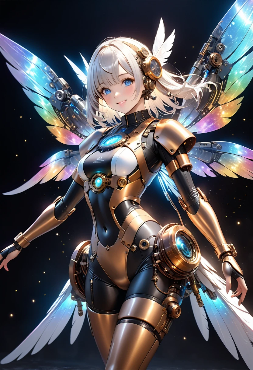 3dCG concept art.A fusion of steampunk and cyberpunk.A steampunk mechanical android girl flying with fairy wings,The girl is made entirely of machinery from the neck down.she is wearing a steampunk-style cyber suit and many steampunk mechas can be seen from the cyber suit.The cyber suit covers the entire body and is plated in dazzling gold.The girl has short white hair with some golden hair mixed in.Pretty eyes and a pretty face,Clear blue eyes,It has four fantastic wings on its back.The feathers are iridescent and have a holographic effect.Lots of light particles fly around the girl.A girl flies around with a smile in a space where cyberspace and steampunk coexist. Girls are free.Dynamic pose with girl smiling and flying towards the camera,Cowboy Shot,The realistic depiction and gloss of steampunk machines,The realistic texture of the steam coming out of your body,The breathtaking, magical sparkle and holographic effects of the feathers,High quality, high definition, (masterpiece, best quality, 4k, 8k:1.5), ultra detail,Ultra-fine painting, physically based rendering, cinematic lighting, sharp focus,Professional photo resolution, award-winning,
