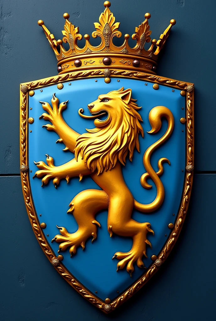 A shield with a golden lion and a crown where baby blue and gold predominate, the shield that is like the Lannister house of Game of thrones