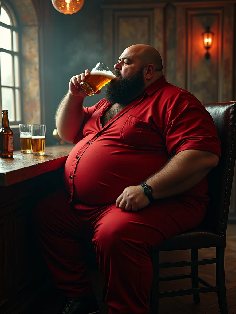 Make a man with obesity, This man must be wearing red clothes ,he must be inside a bar ,he is drinking beer ,photo ultra realistic ,8 k quality,fullHD