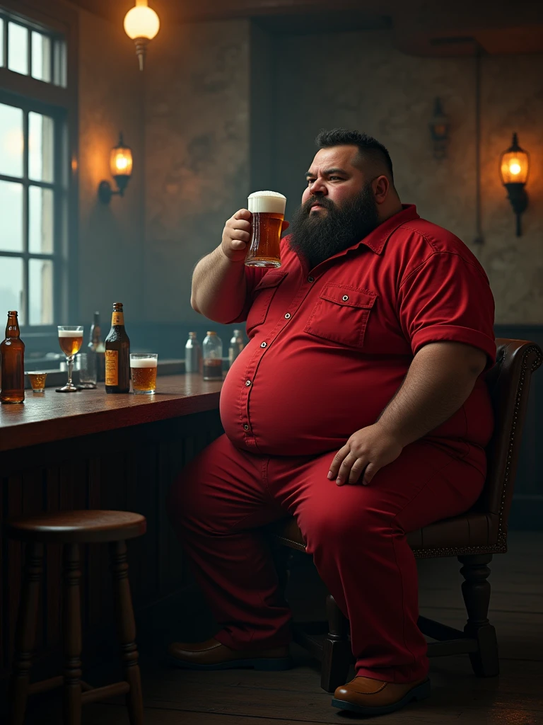 Make a man with obesity, This man must be wearing red clothes ,he must be inside a bar ,he is drinking beer ,photo ultra realistic ,8 k quality,fullHD