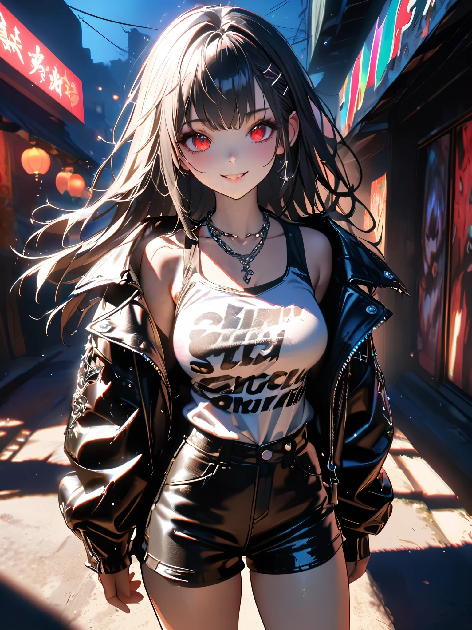 1 girl, chromatic aberration, Written boundary depth, Soft Light, masterpiece, Highest quality, complicated, Tone Mapping, A place where fireworks are set off at festivals. Concept Art, Smooth, Clear focus, Dramatic lighting, Very cinematic, super practical painting, アートステーション's trending, 8k, Incredible Shadows, practical,  whole body, View, Viewers, Portrait of a Girl 1, standing on street corner, Heavy rain and lightning、Dark Sky, neon and cyber punk background, she is dressed in punk clothing with silver chains and silver spikes, Her hair was dyed a bright black color..........Ominous aura of light, smile, punk, ciber punk, Backlight.Fashionable clothes、Friendly dress code:The leather jacket and shorts look very stylish...My breasts are a little big.Beautiful red eyes