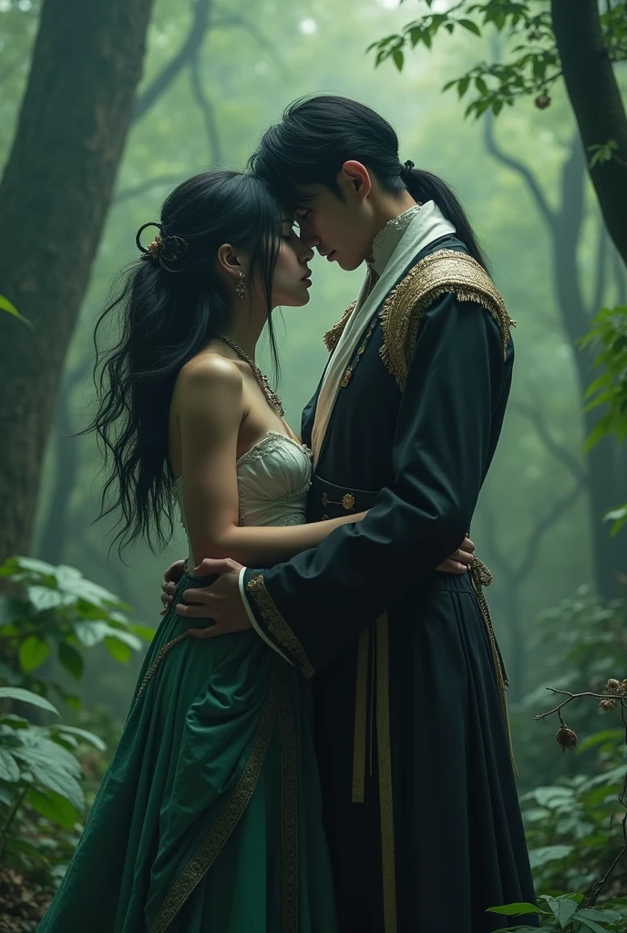 Make an Asian woman, but don&#39;t show her face, She has white skin and long black wavy hair and her hair is disheveled, She is a savage and that is why her clothes are torn and worn out and dirty. next to her, Make BTS Singer Jeon Jungkook Dressed as a Prince, with the typical princely attire of an elegant and modern prince. The two are hugging on an island in the middle of the forest.. don&#39;t show their face 